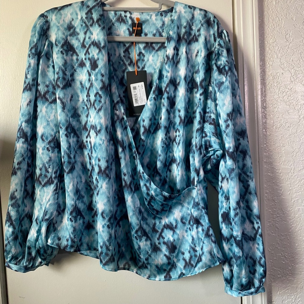 Hugo Boss Womens XXL Blue Abstract Ikat Print Wrap Blouse Long Sleeve Top NEW